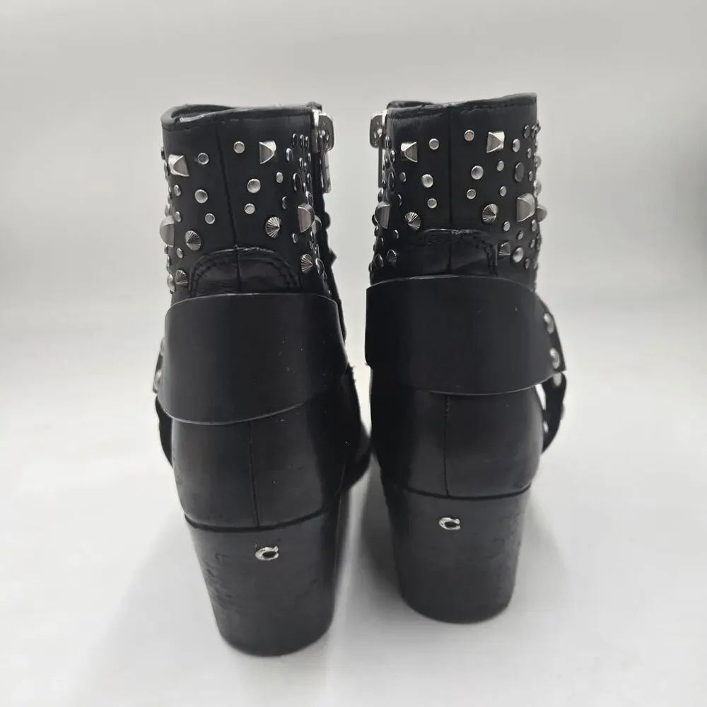 Coach Pia Studded Western Booties Sz 8 Black Leather Harness Booties Biker Rock - Picture 4 of 9